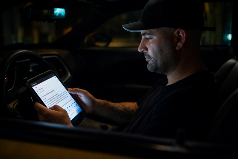 Smart Repair Service SRX Dortmund Techniker im Auto schreibt Anfrage auf Tablet für Kratzer und Dellen Reparatur bei Nacht